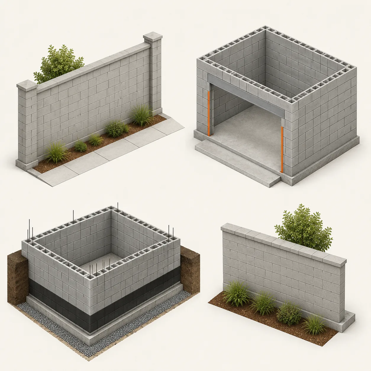 Four ordinary concrete block wall project types shown as isometric masonry scenes.