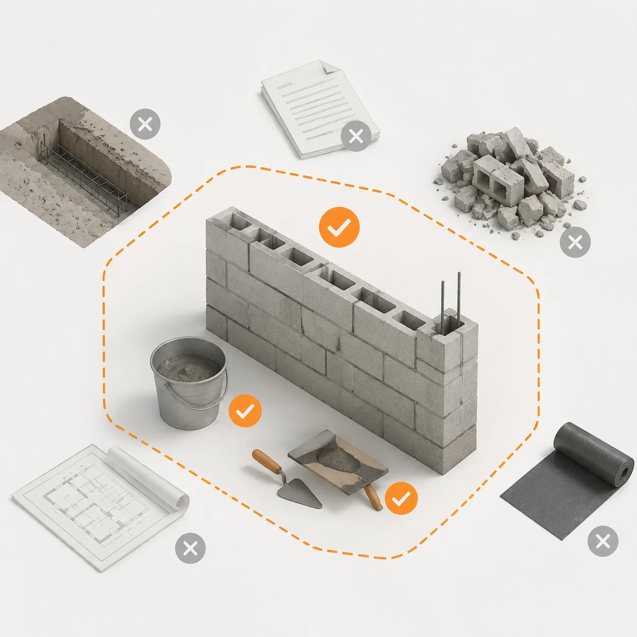 Block wall scope boundary with blocks, mortar, optional grout, and labor included, while footing, permits, demolition, waterproofing, engineering, and retaining wall work are excluded.